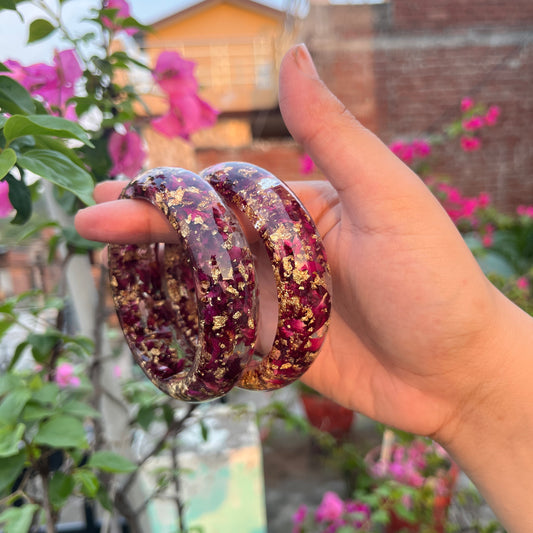 Handmade Real Rose Thick Resin Kada for Women | Preserved Flower Bangle | Gold Flake Bracelet | Pair of 2