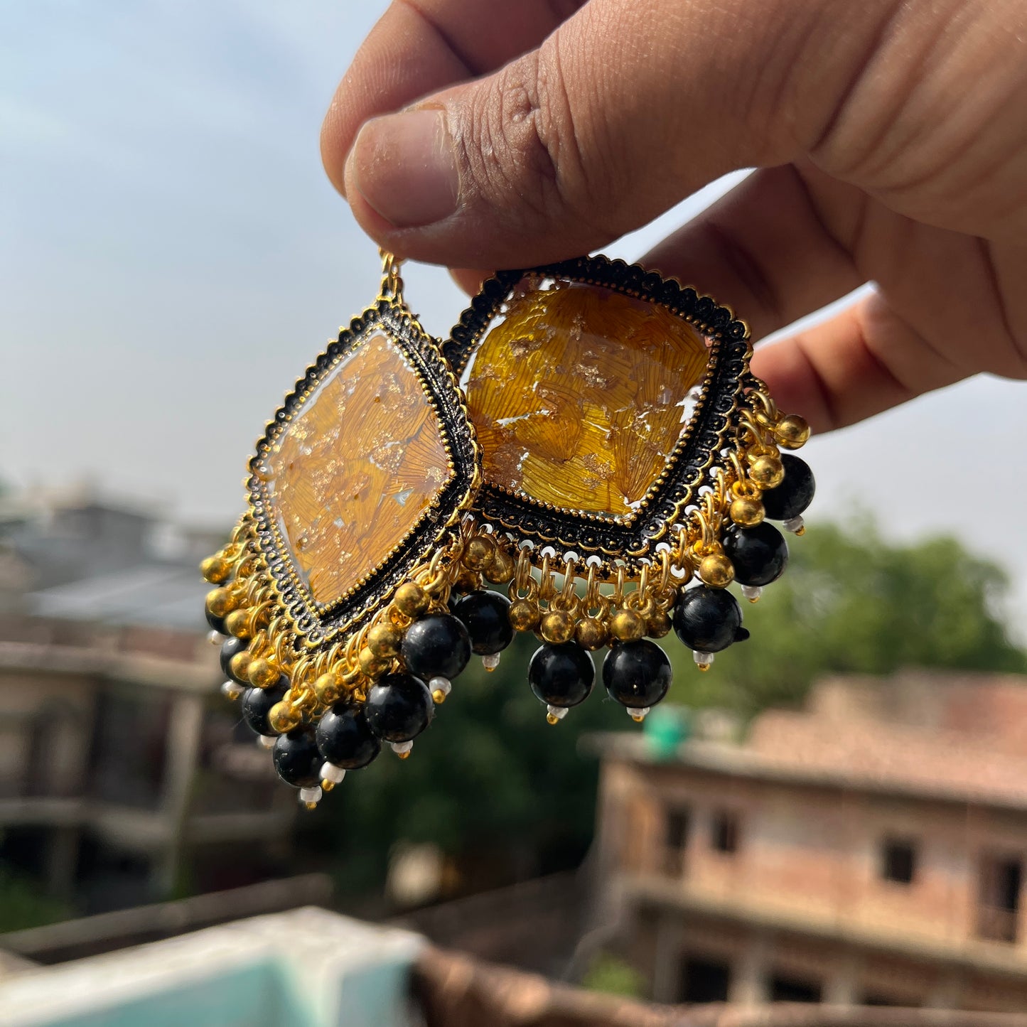 Sunflower Golden jhumka with black beads