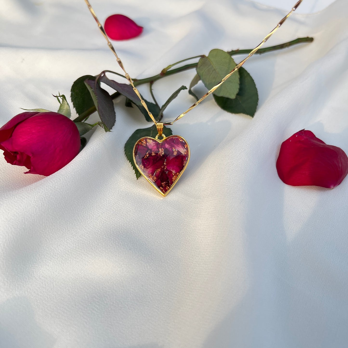 Real Rose Heart Pendant – Handmade, Anti-Tarnish Gift for Her