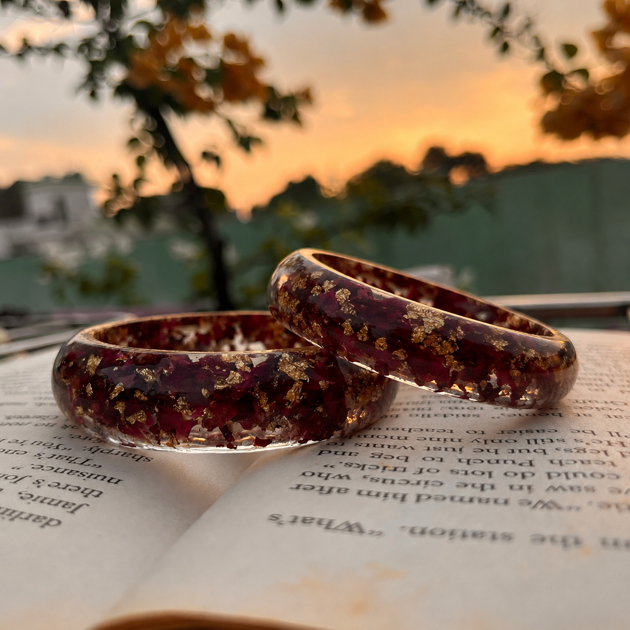 Handmade Real Rose Thick Resin Kada for Women | Preserved Flower Bangle | Gold Flake Bracelet | Pair of 2
