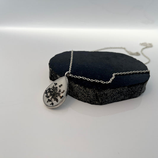 Handmade Black Flower Resin Teardrop Pendant – Silver Chain Necklace