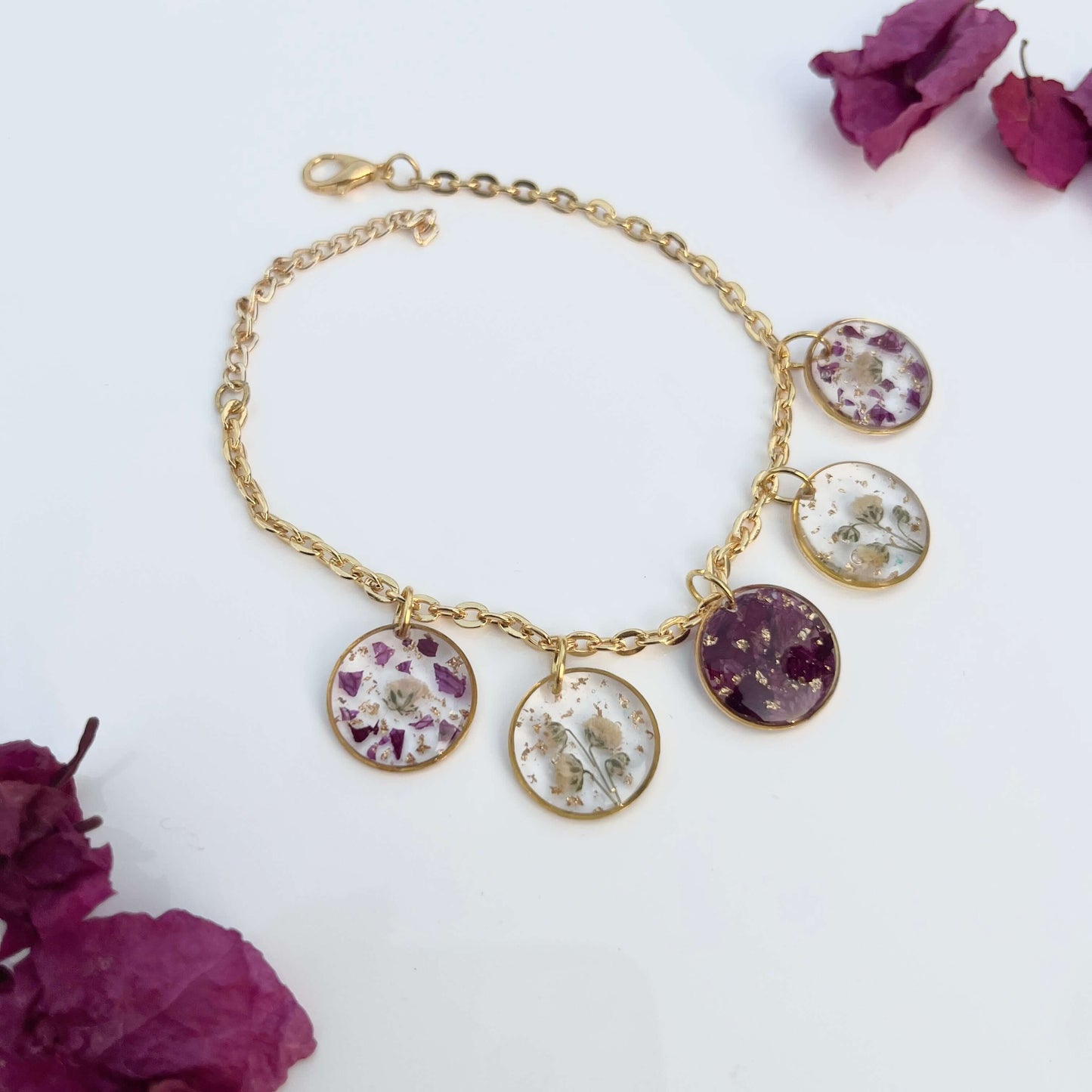 Handmade Real Flower 5 Ring Charm Anti-Tarnish Bracelet - Customizable