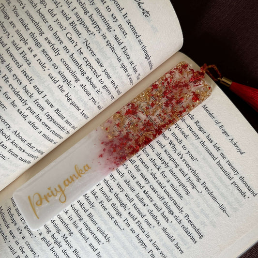 Custom Name Resin Bookmark – Red & Gold Flakes with Tassel