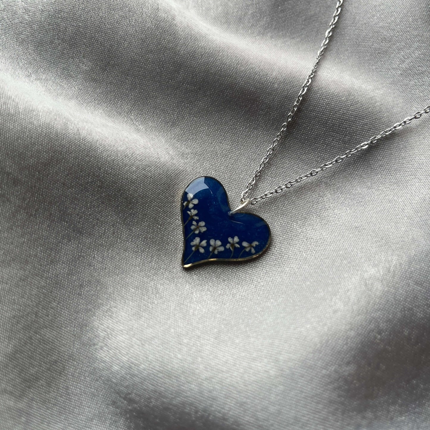 Blue Heart Shape White Flower Anti-Tarnish Minimal Pendant - Gift For Her