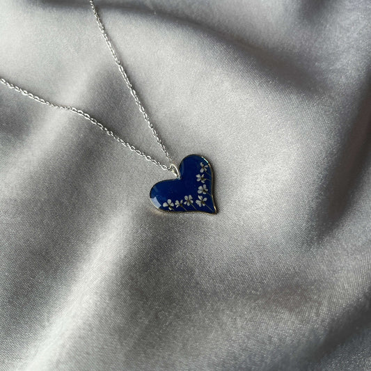 Blue Heart Shape White Flower Anti-Tarnish Minimal Pendant - Gift For Her