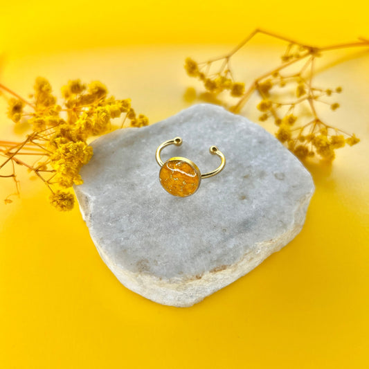 Real Sunflower Resin Adjustable Ring – Yellow Bloom | Handmade Jewelry