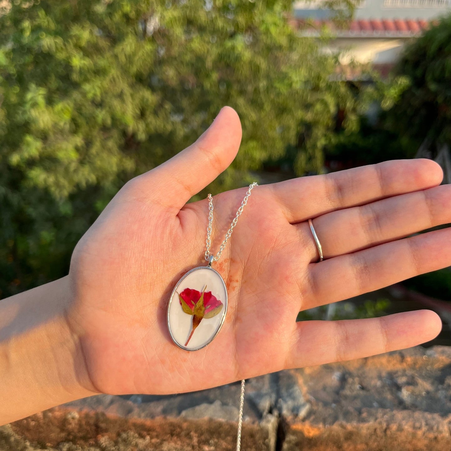 Handmade Real Flower Resin Oval Pendant – Anti-tarnish Chain Necklace