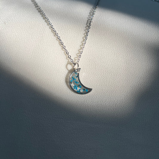 Minimalist Moon Blue Flower Anti-Tarnish Pendant- Customizable Gift for Her