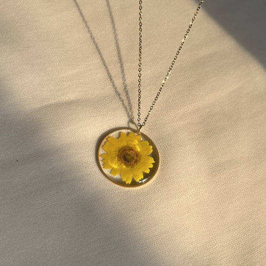 Real Yellow Daisy Necklace Handmade Resin Pendant | Anti-Tarnish Chain