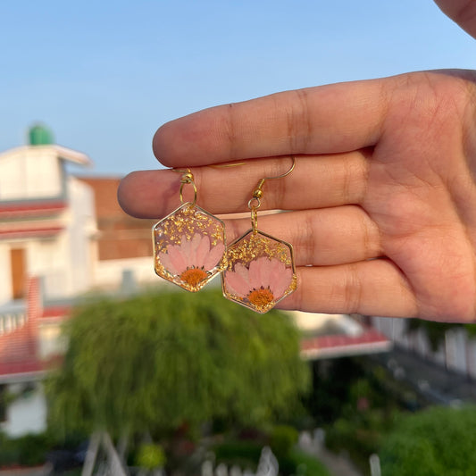 Pink Daisy Hexagon Resin Earrings - Customizable Jewelry Gift for Her