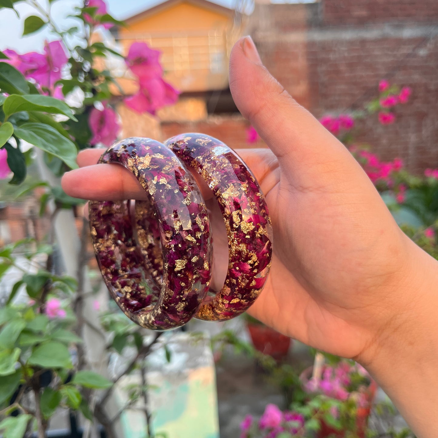 Handmade Real Rose Thick Resin Kada for Women | Preserved Flower Bangle | Gold Flake Bracelet | Pair of 2