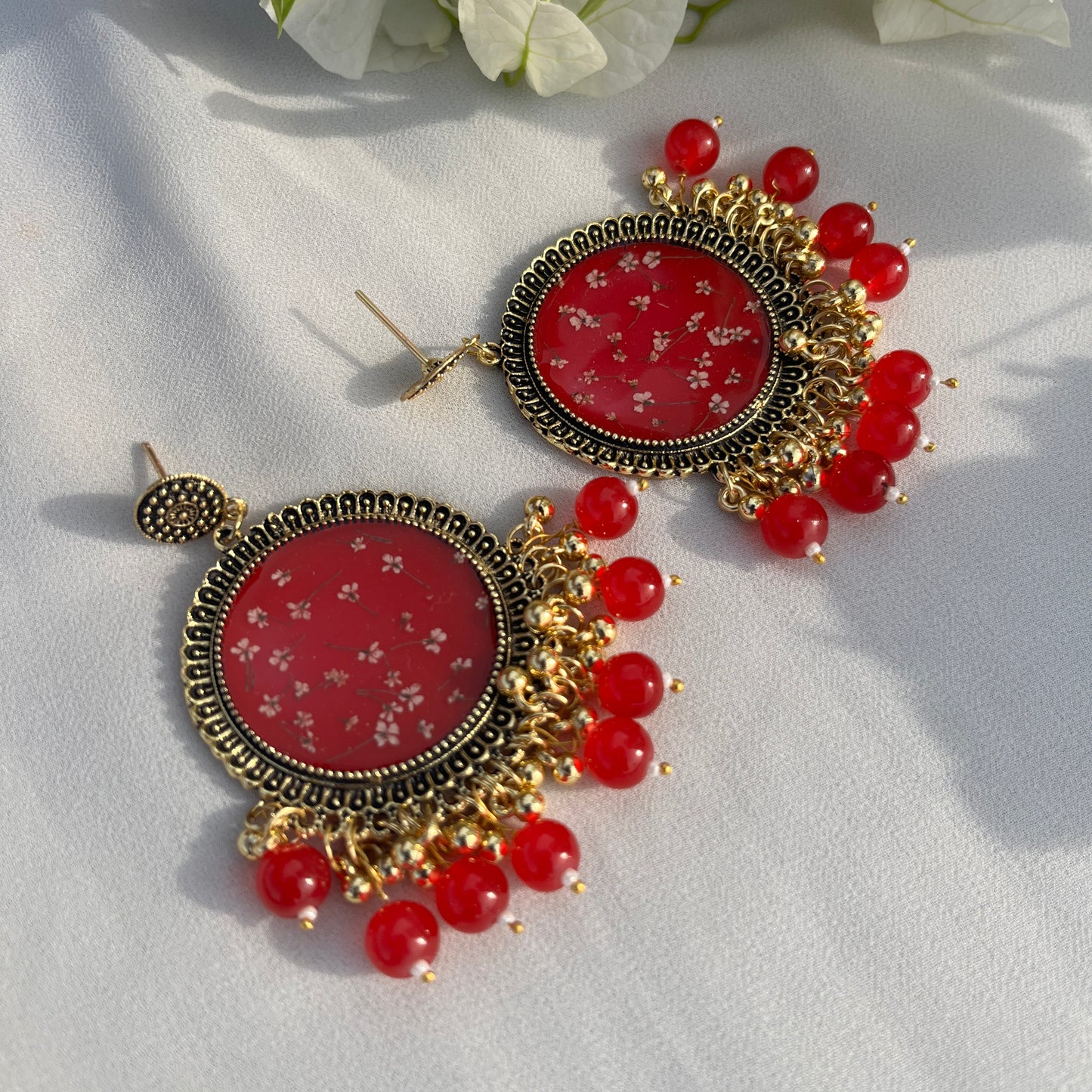 Red Floral Resin Chandbali Earrings with Red Pearl Drops – Handmade Real Flower Statement Earrings | Jeveleir