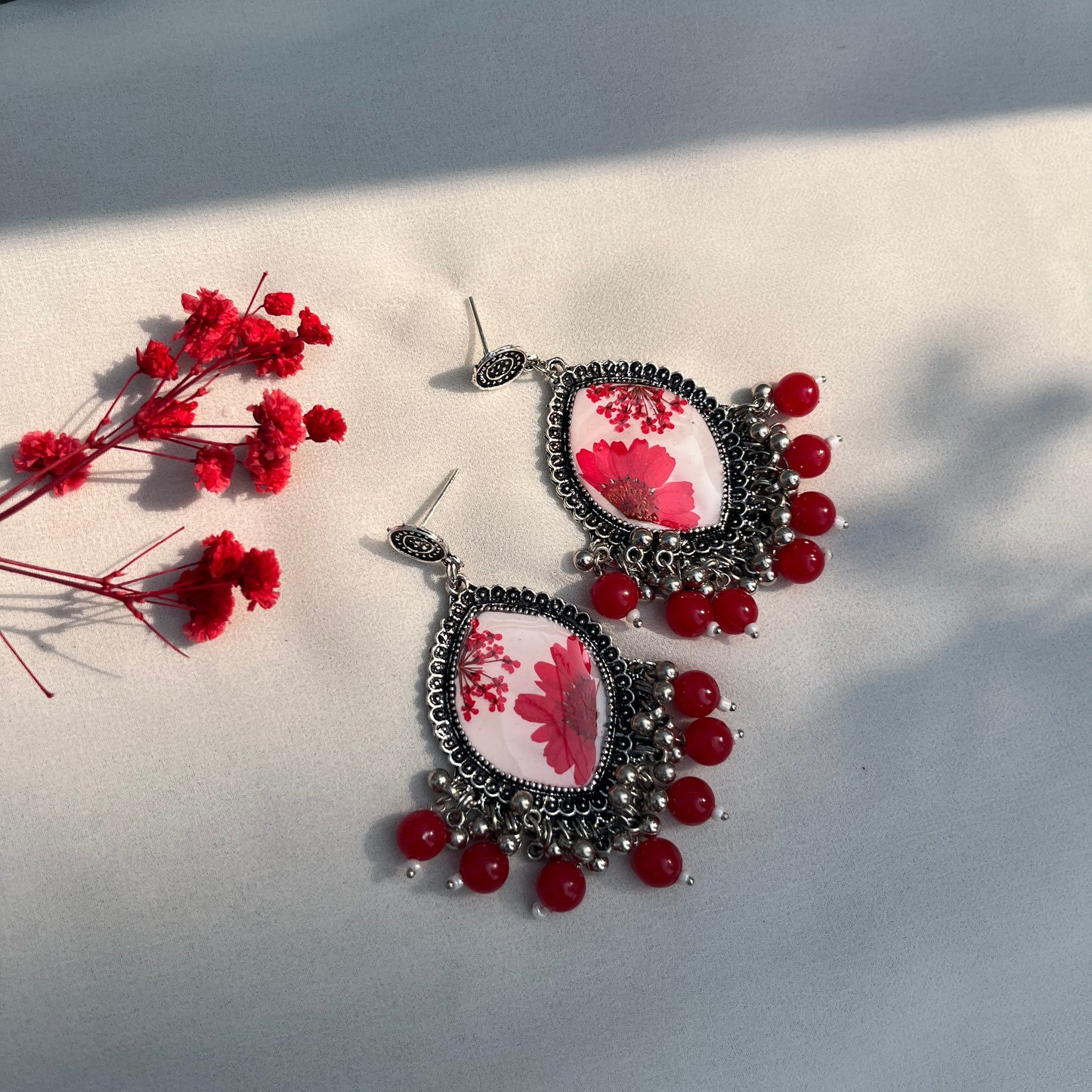 Red Daisy Jhumka Earrings – Handmade Real Flower Resin Floral Earrings | Jeveleir
