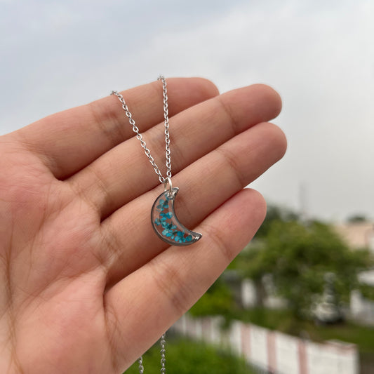 Minimalist Moon Blue Flower Anti-Tarnish Pendant- Customizable Gift for Her