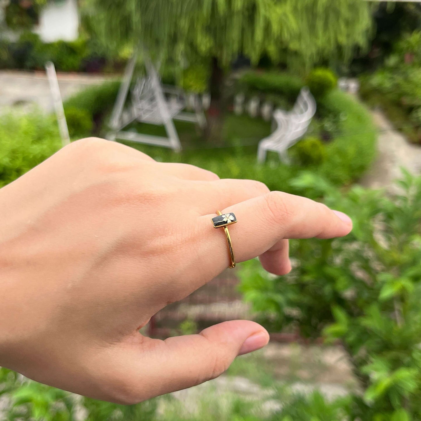 Real flower Anti-tarnish Rectangular Adjustable Ring - Customizable