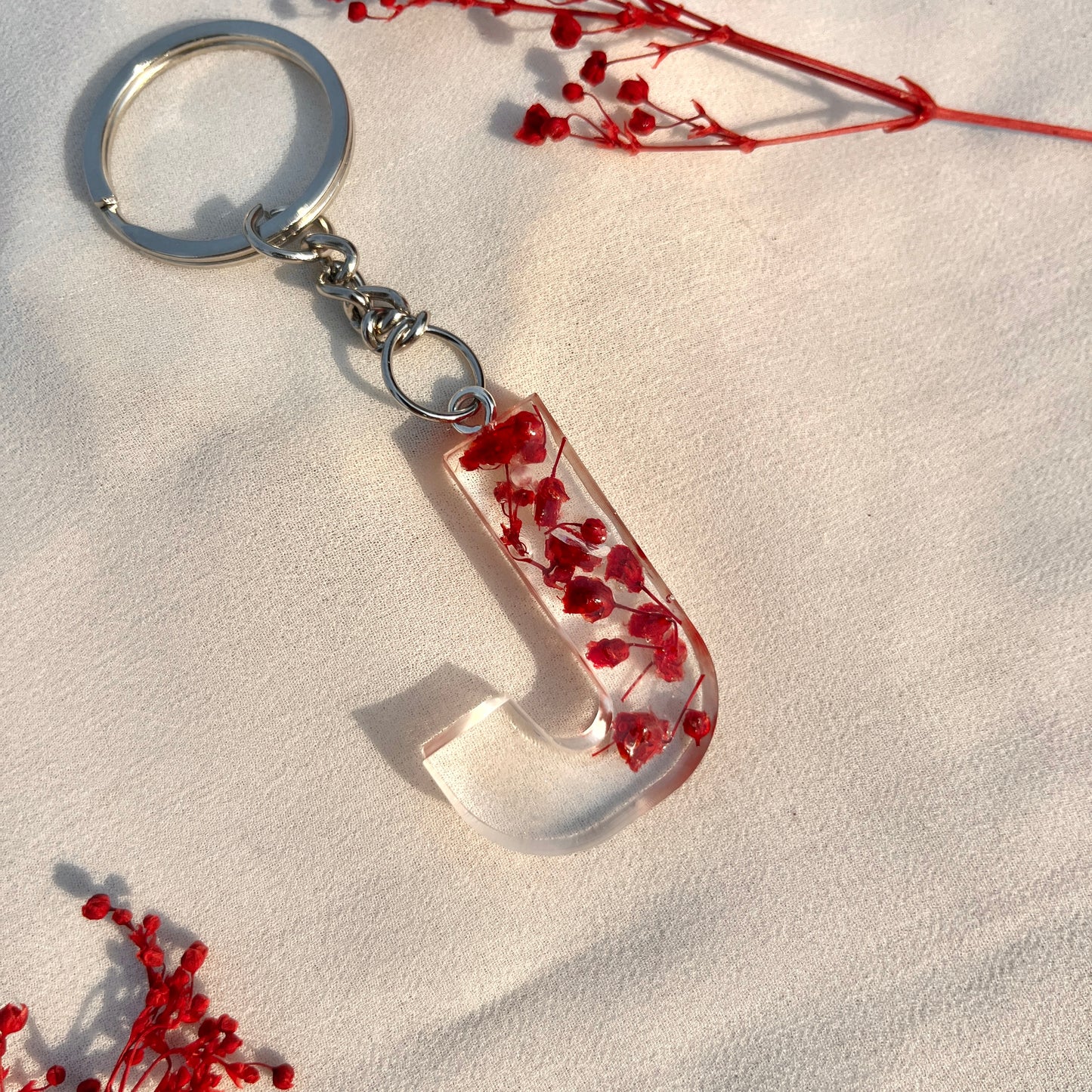 Initial Resin Keychain with Real Red Flowers - Customisable Gift