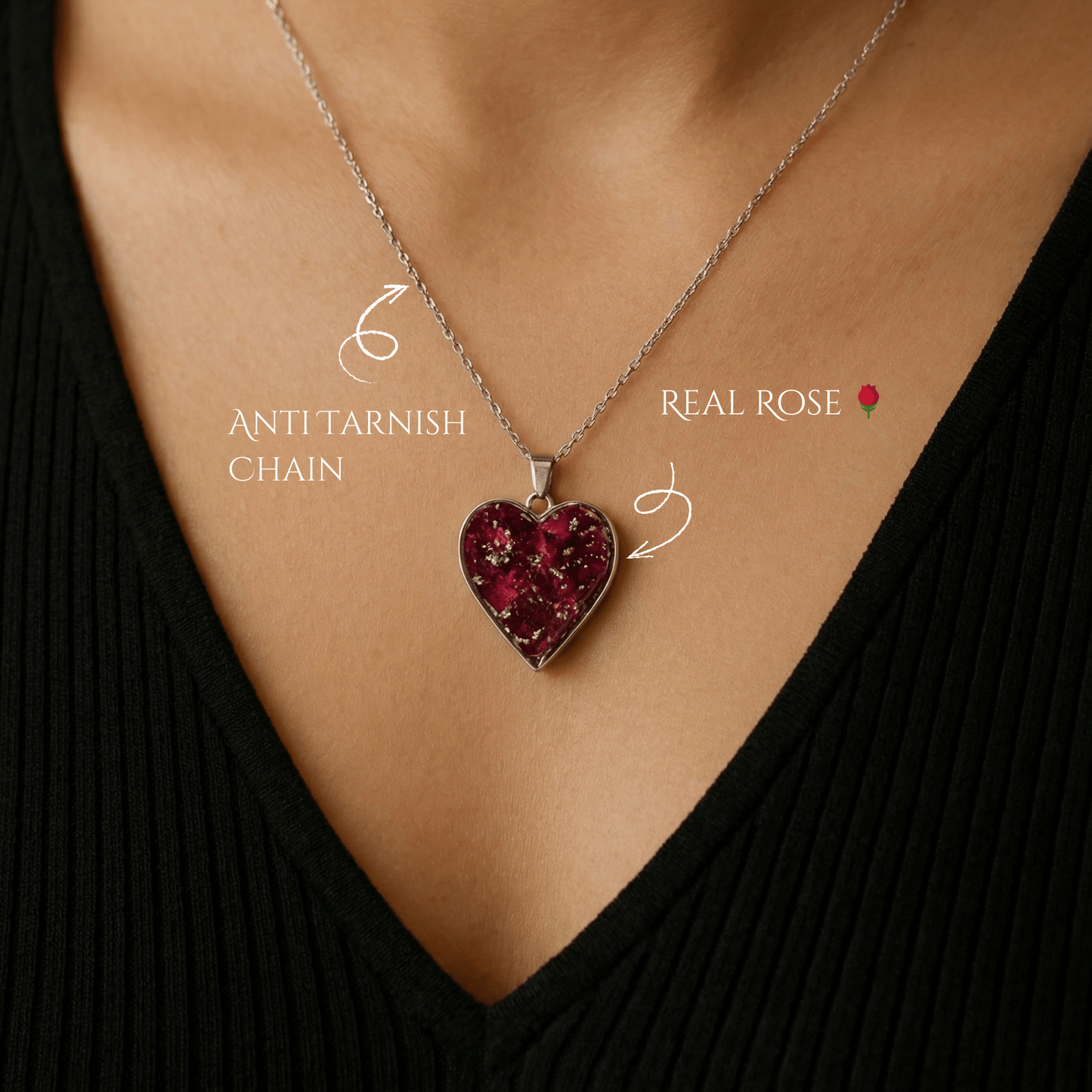 Rose Heart Shape Anti Tarnish Necklace- Customisable Gift For Her