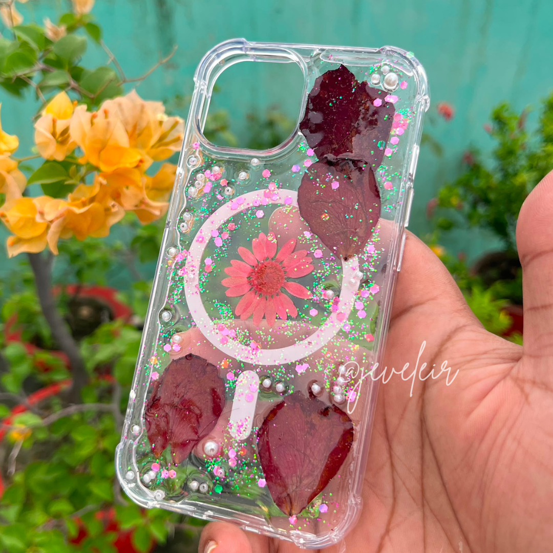 Custom name phone cover with floral design and pressed rose petals by Jeveleir, showcasing a unique, personalized style.