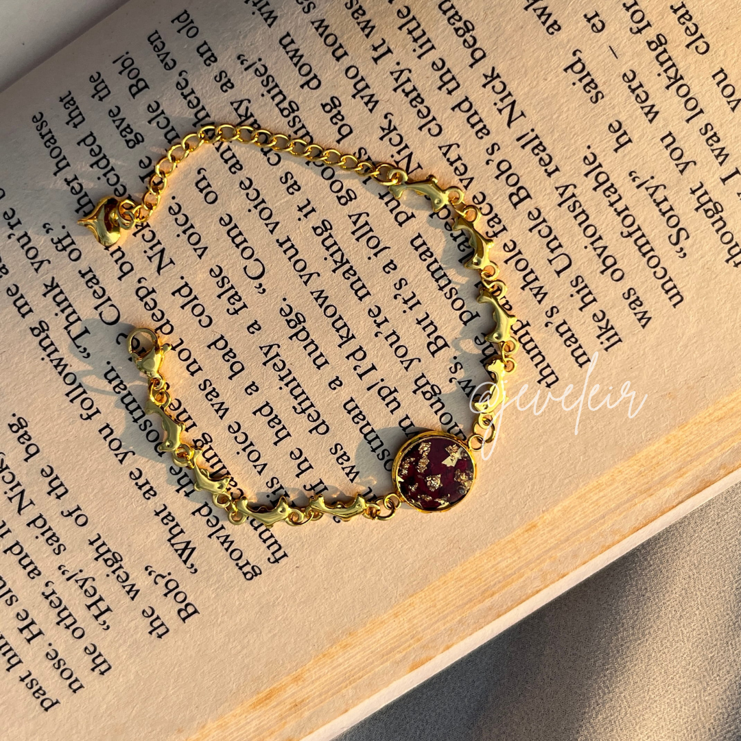 Rose Gold Dolphin Anti-Tarnish Bracelet | Real Rose Resin Bracelet | Adjustable Stainless Steel Bracelet | Jeveleir