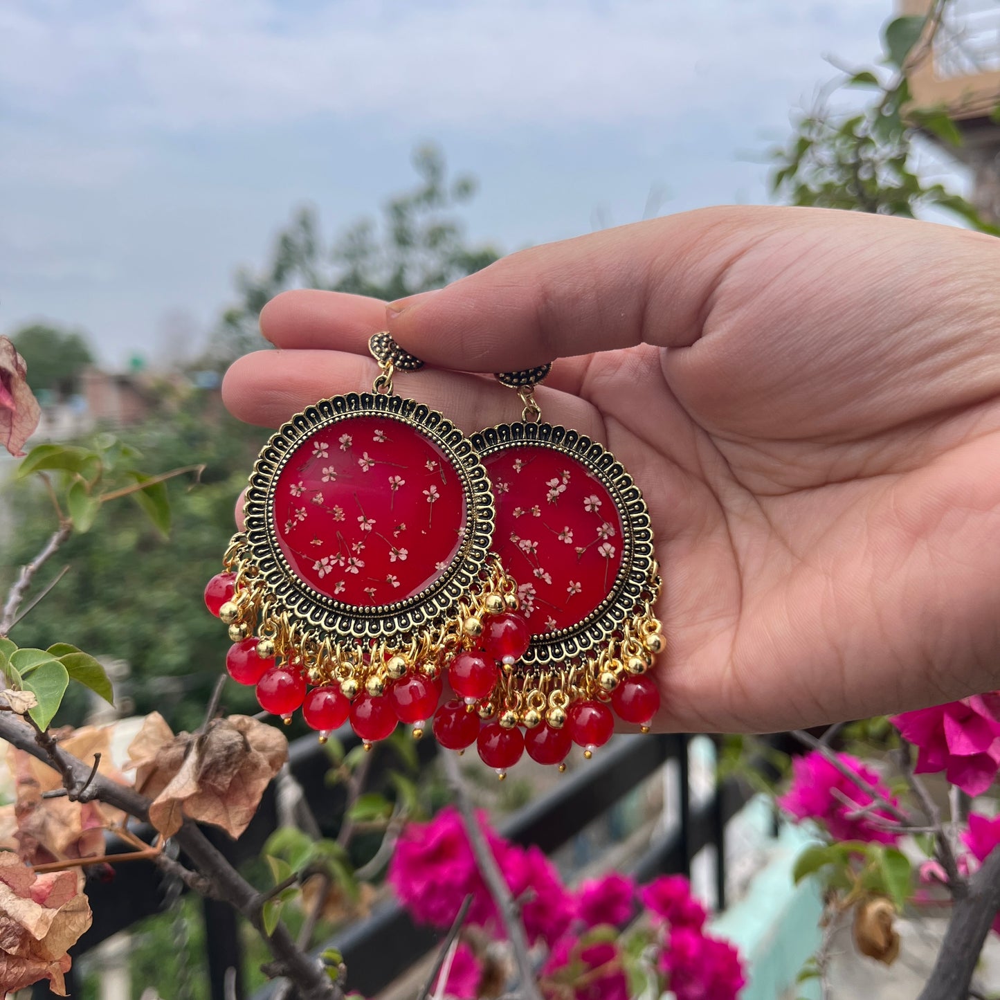 Red Floral Resin Chandbali Earrings with Red Pearl Drops – Handmade Real Flower Statement Earrings | Jeveleir