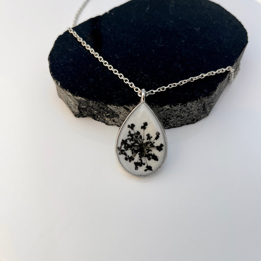 Handmade Black Flower Resin Teardrop Pendant – Silver Chain Necklace