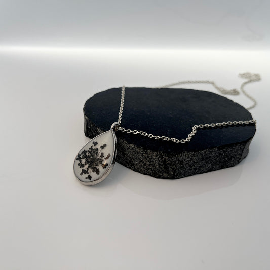 Handmade Black Flower Resin Teardrop Pendant – Silver Chain Necklace