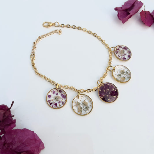 Handmade Real Flower 5 Ring Charm Anti-Tarnish Bracelet - Customizable