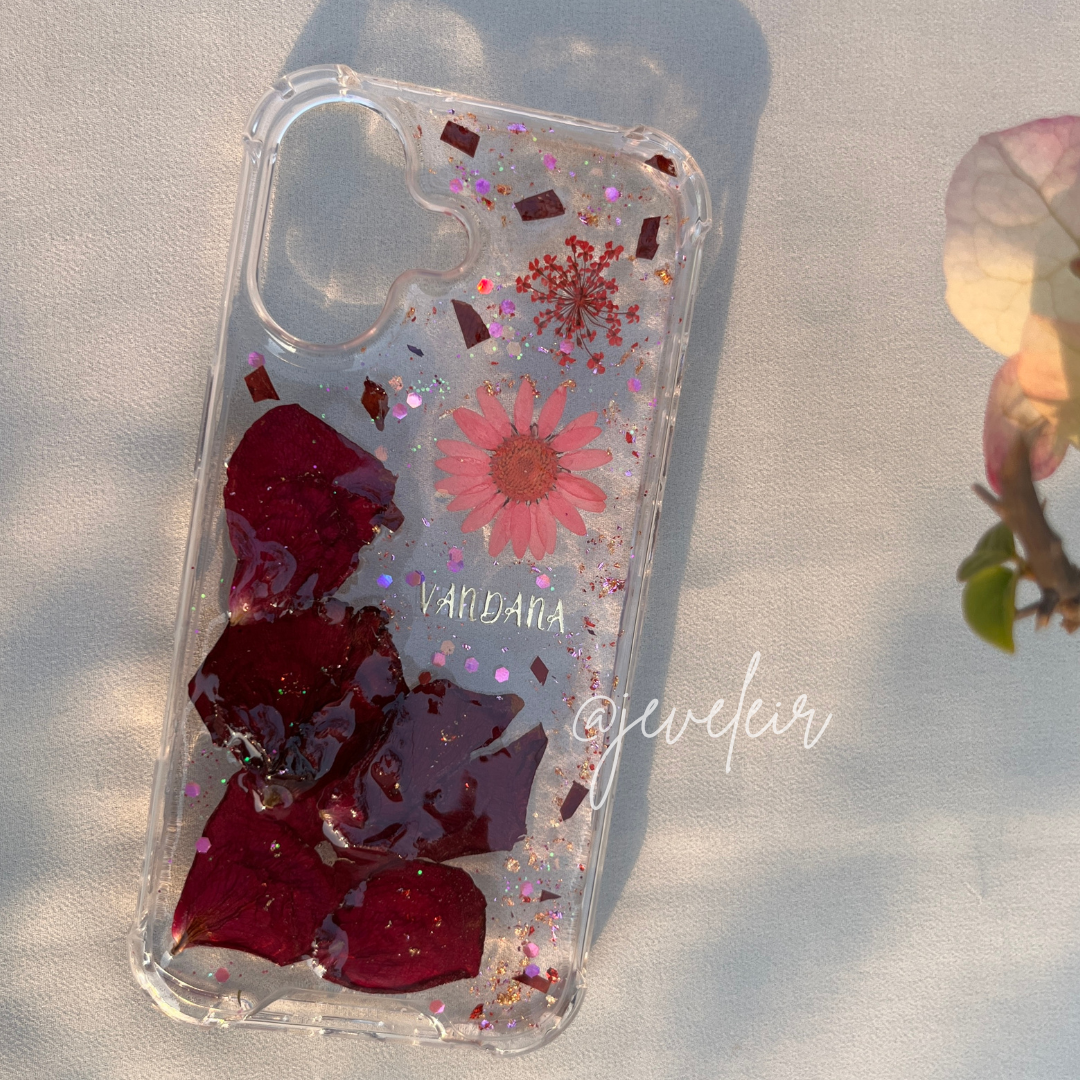 Custom name phone cover with floral design and rose petals, personalized mobile back cover by Jeveleir.