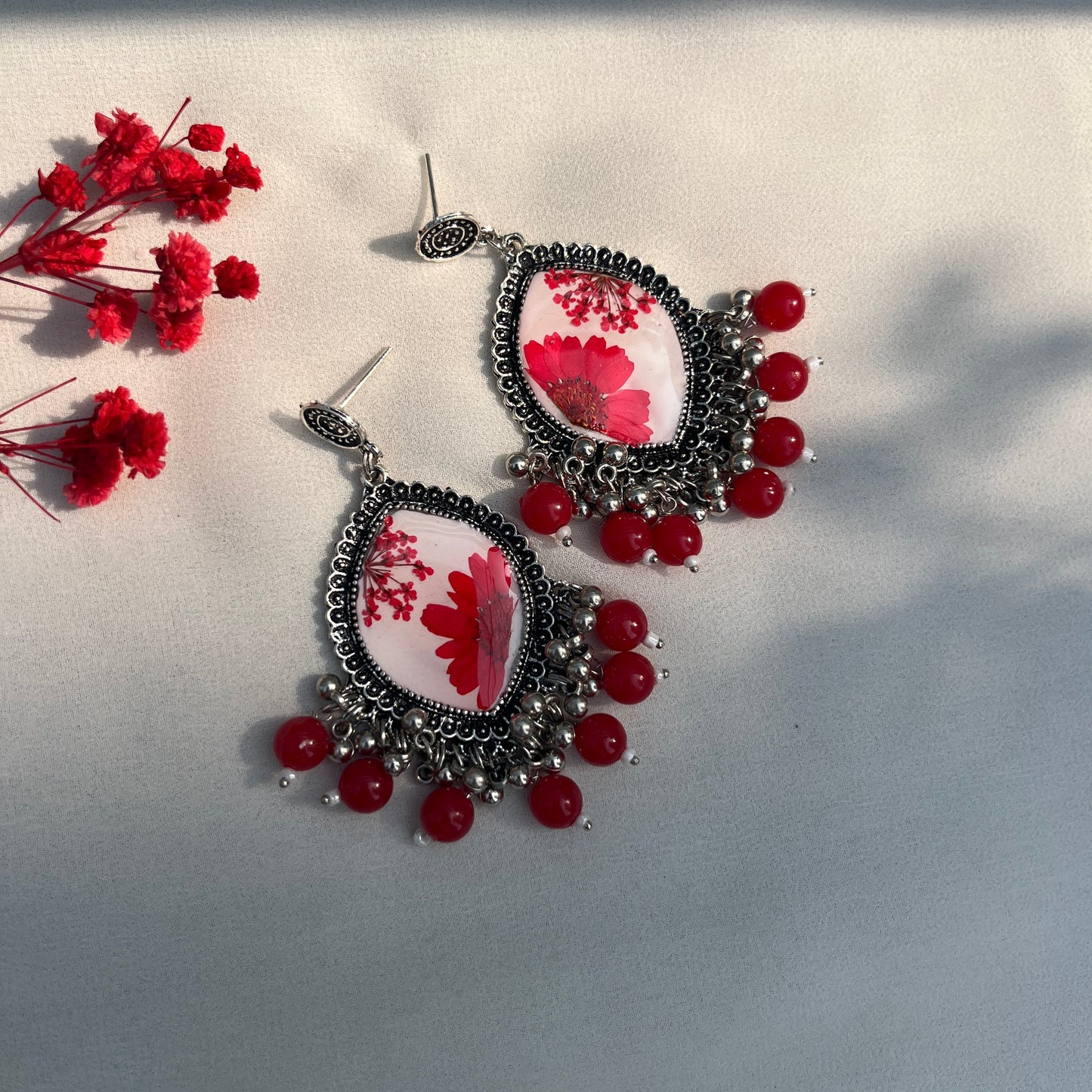 Red Daisy Jhumka Earrings – Handmade Real Flower Resin Floral Earrings | Jeveleir