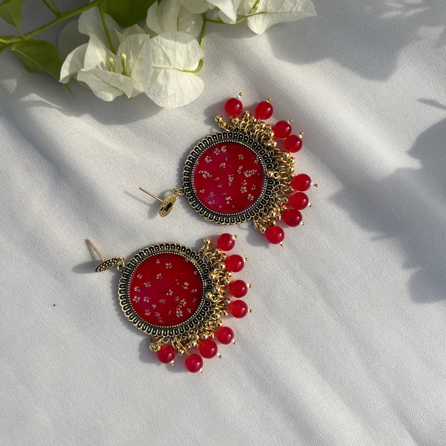 Red Floral Resin Chandbali Earrings with Red Pearl Drops – Handmade Real Flower Statement Earrings | Jeveleir