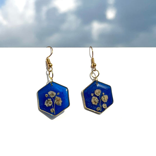 Blue Hexagon Earrings with Real Flowers – Customizable Jewelry Gift for Her
