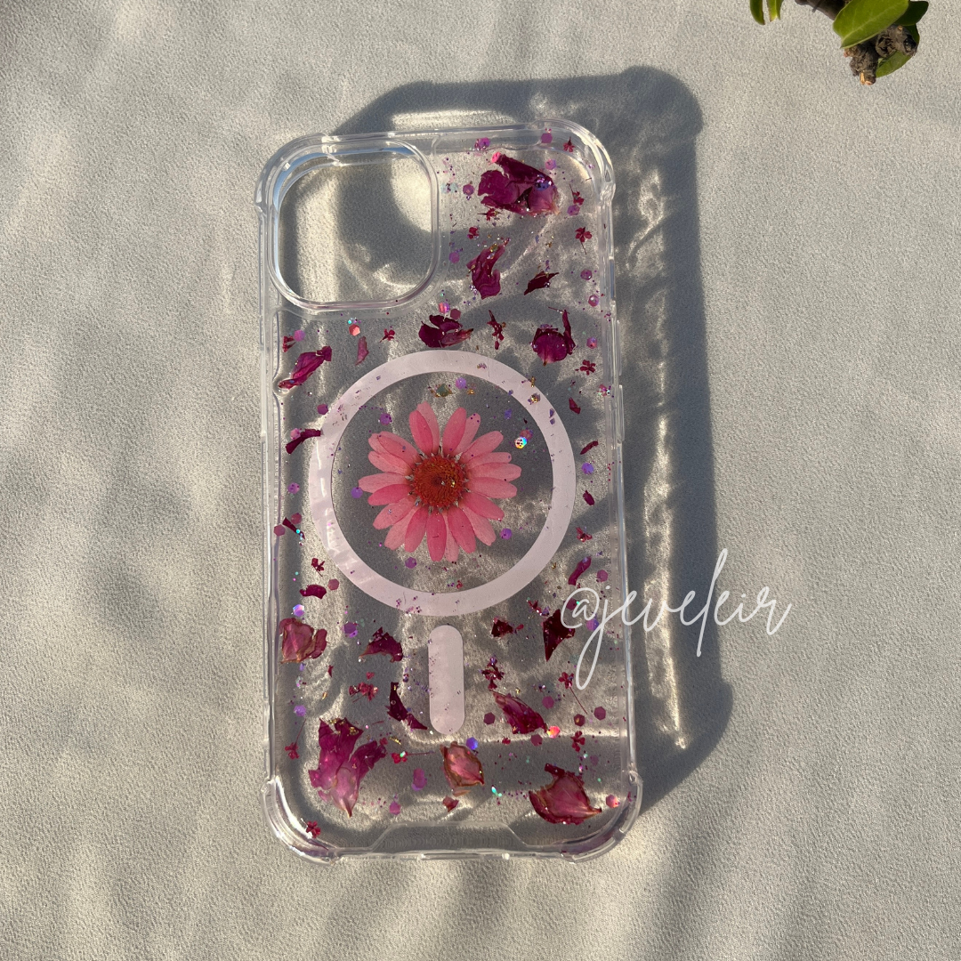 Custom name phone cover featuring a pink flower design with rose petals, perfect for personalizing your mobile.