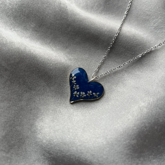 Blue Heart Shape White Flower Anti-Tarnish Minimal Pendant - Gift For Her