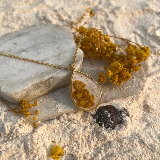 Handmade Real Yellow Flower Resin Teardrop Pendant – Gold Chain Necklace