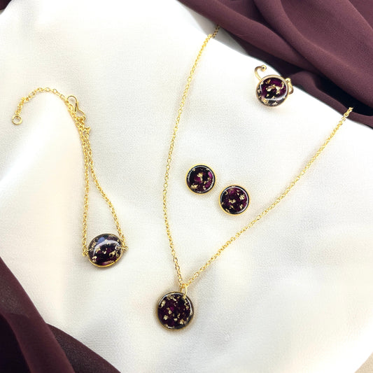 Real Rose Resin Anti-Tarnish Jewellery Set – Necklace, Ring, Studs & Bracelet (Set of 4)