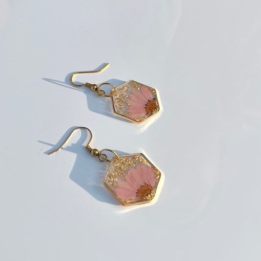 Pink Daisy Hexagon Resin Earrings - Customizable Jewelry Gift for Her