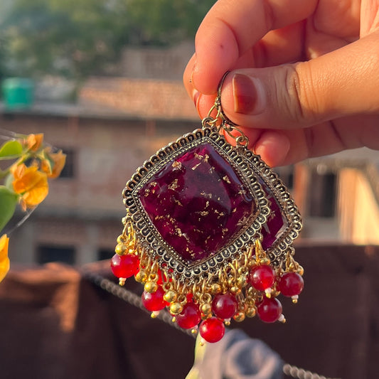 Rose Jhumka Earrings with Gold Flakes & Maroon Pearls – Handmade Statement Earrings | Jeveleir
