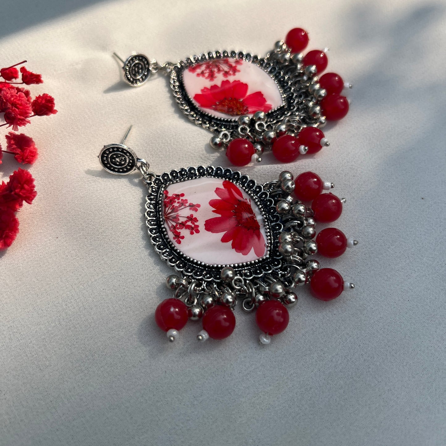 Red Daisy Jhumka Earrings – Handmade Real Flower Resin Floral Earrings | Jeveleir