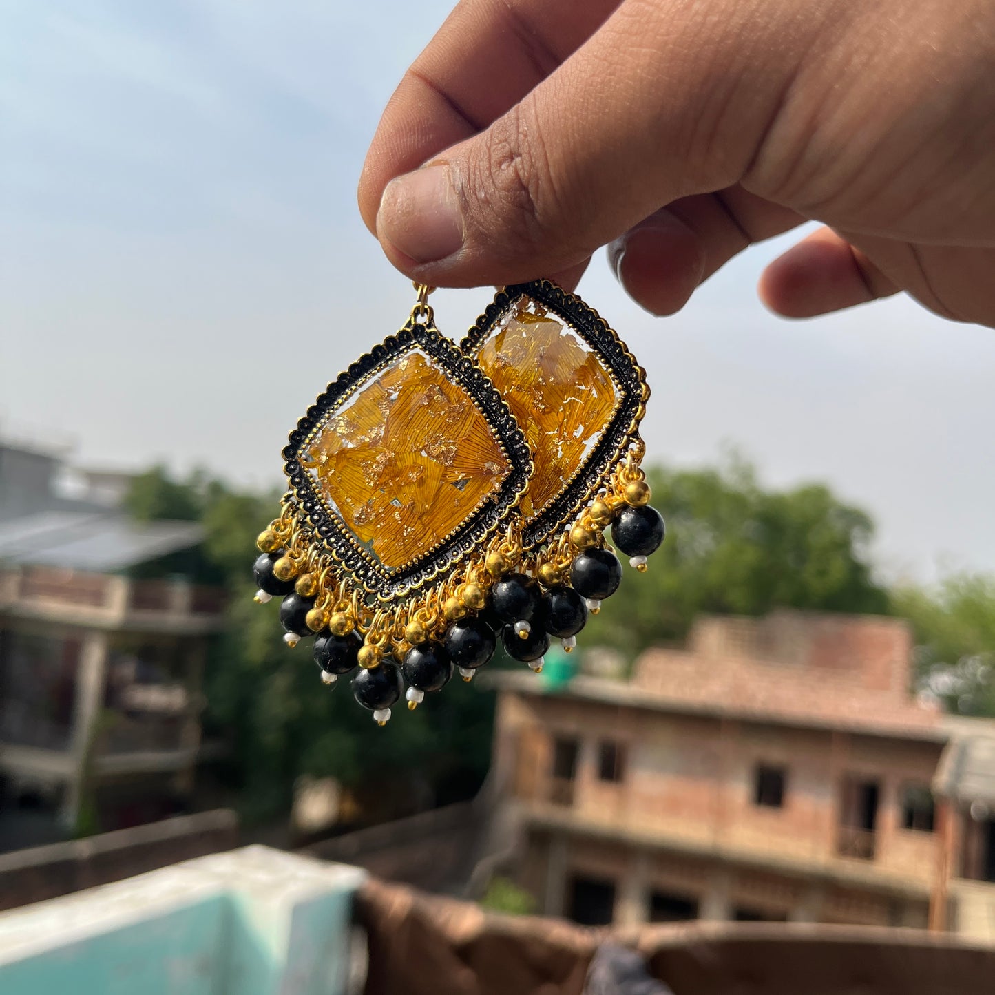 Sunflower Golden jhumka with black beads