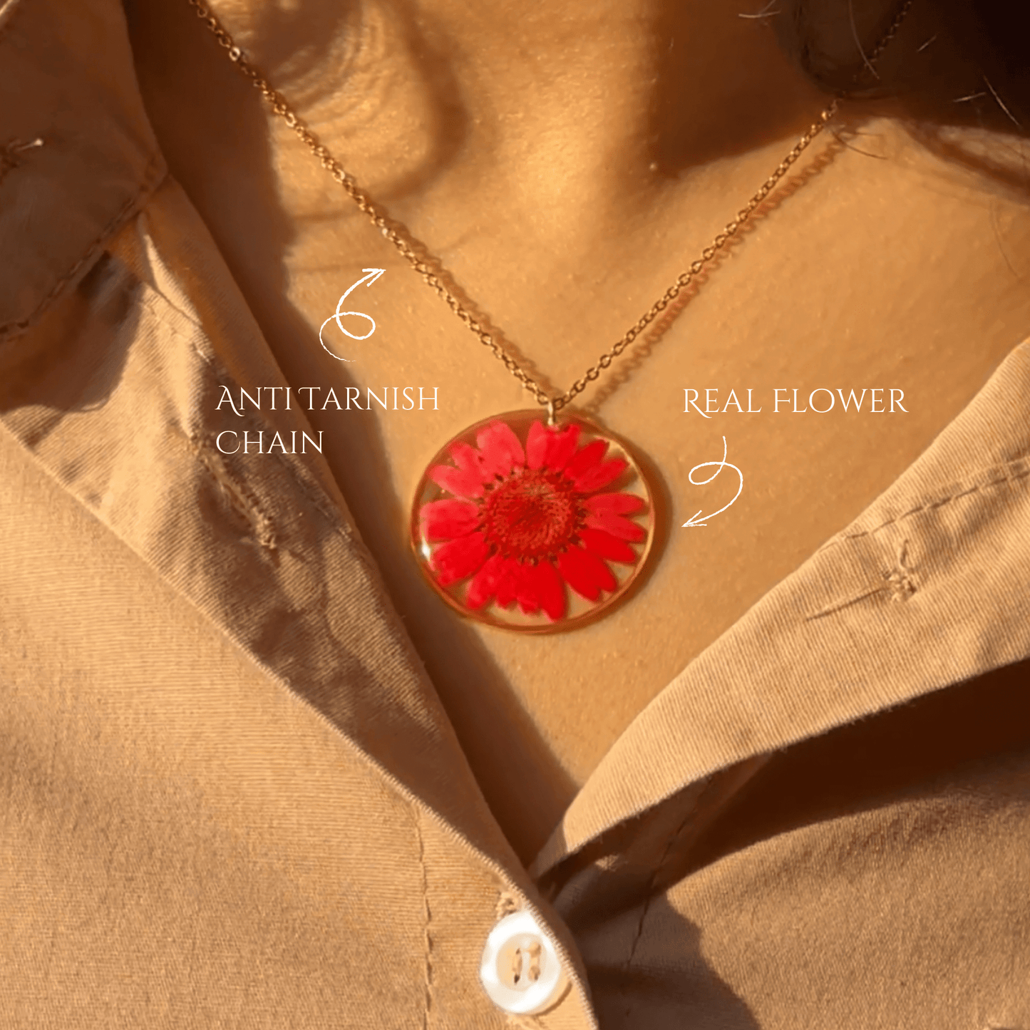 Real Red Daisy Necklace – Handmade Resin Pendant | Anti-Tarnish Chain