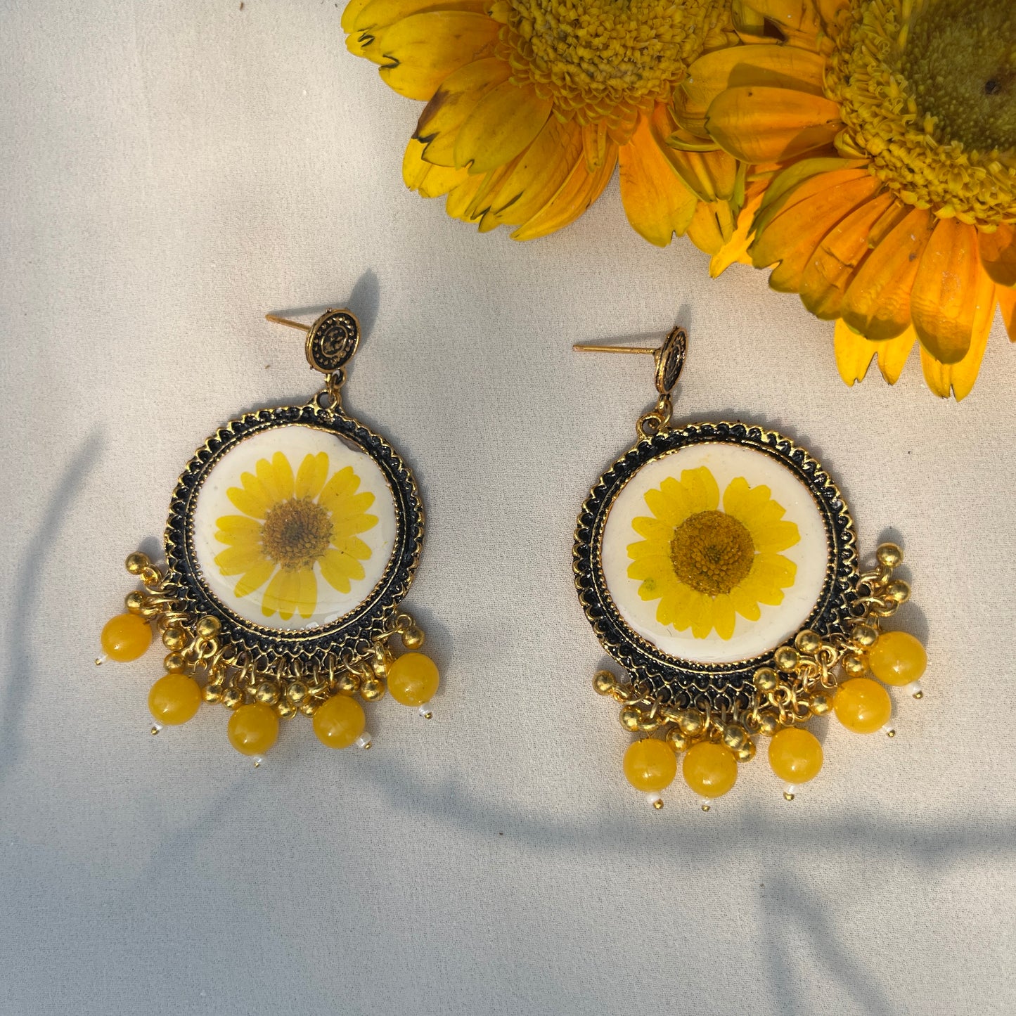 Yellow Daisy Jhumka Earrings – Handmade Real Flower Resin Floral Earrings | Jeveleir