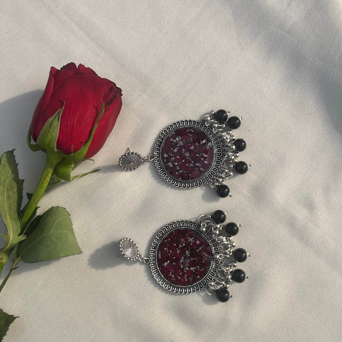 Rose silver round black beads jhumka