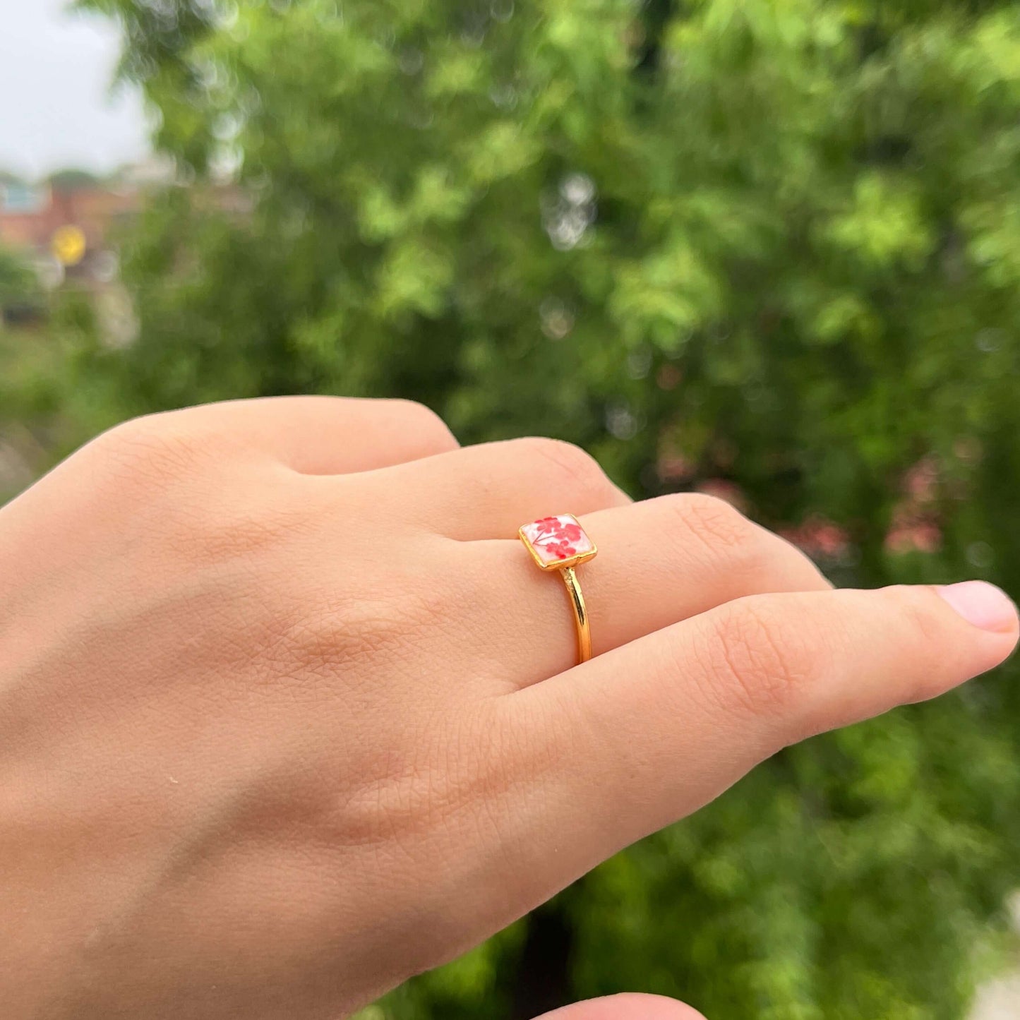 Real flower Anti-tarnish Square Adjustable Ring - Customizable