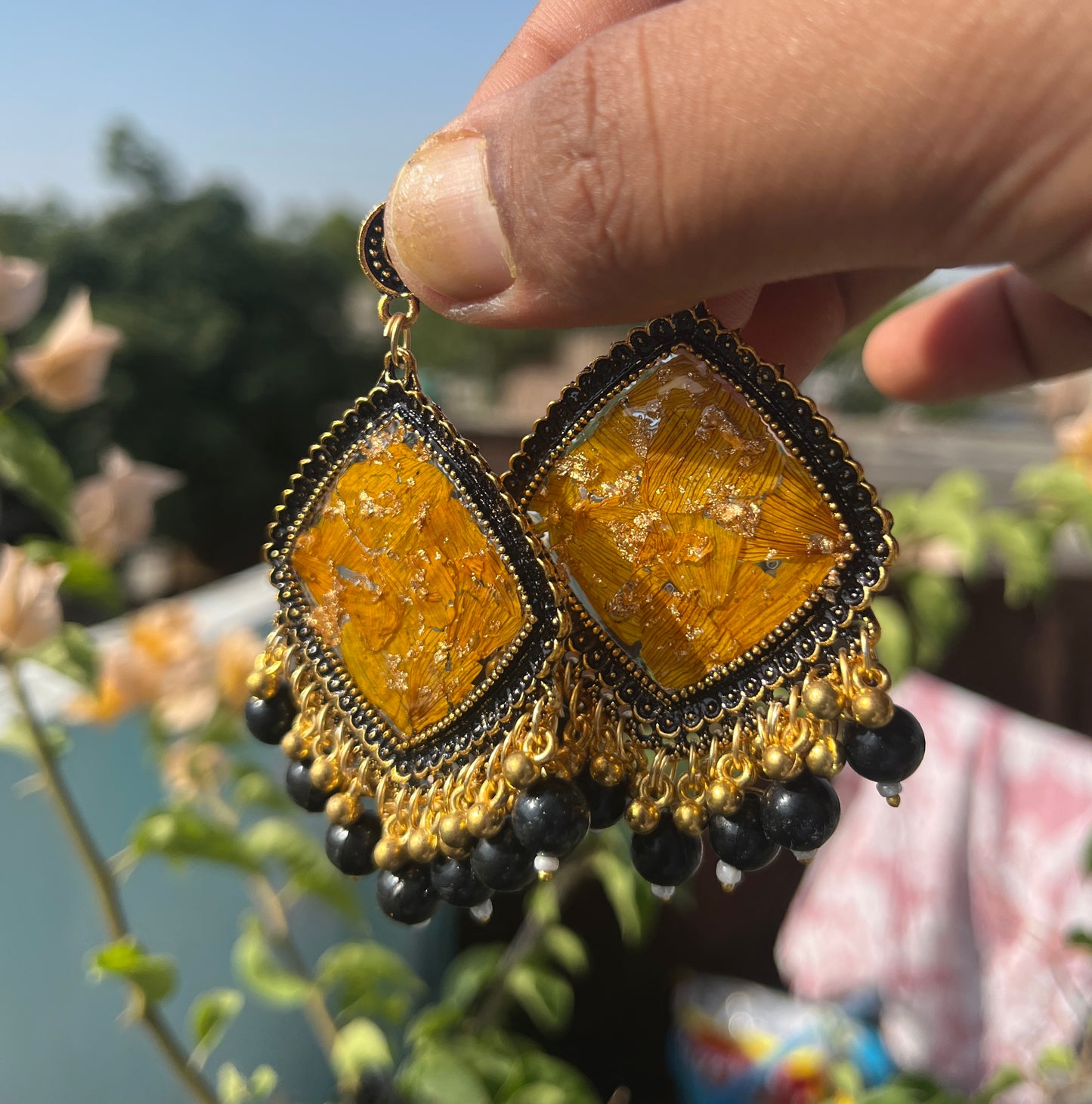 Sunflower Golden jhumka with black beads