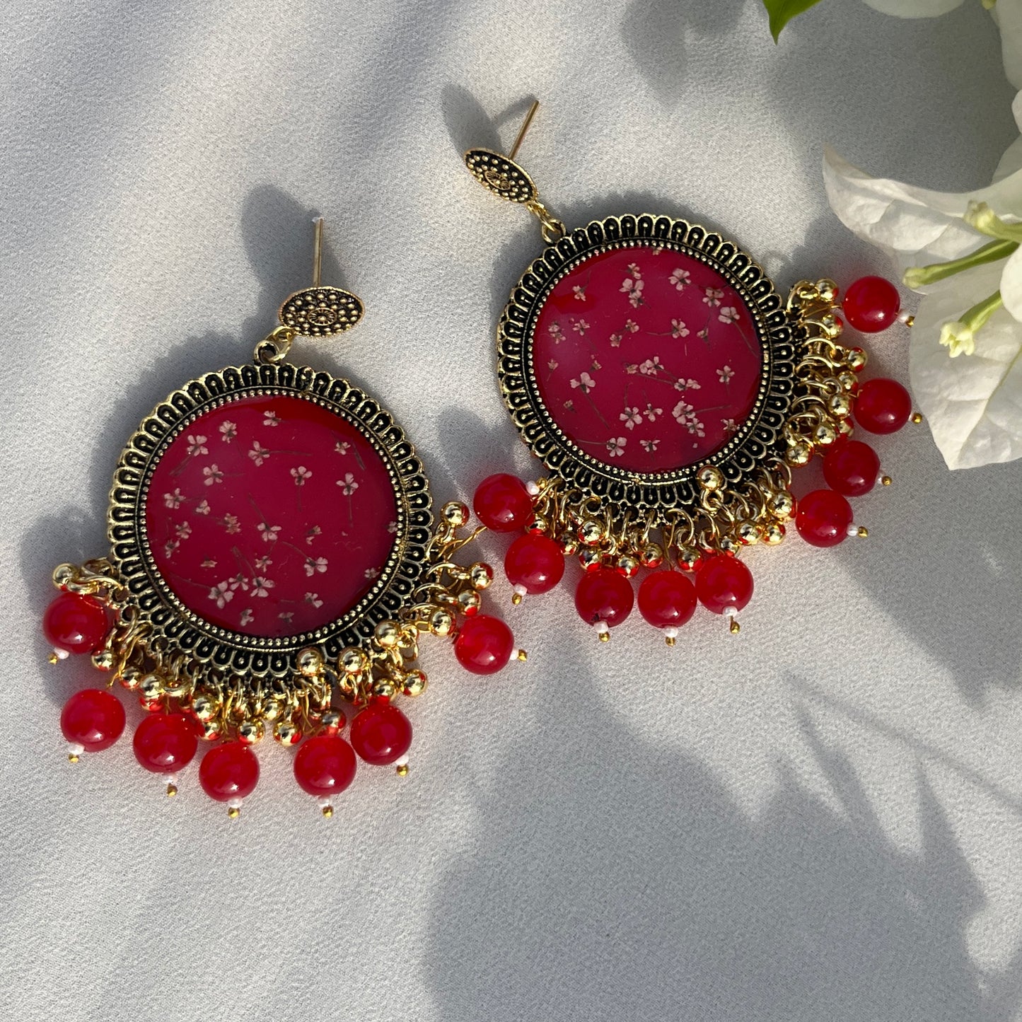 Red Floral Resin Chandbali Earrings with Red Pearl Drops – Handmade Real Flower Statement Earrings | Jeveleir