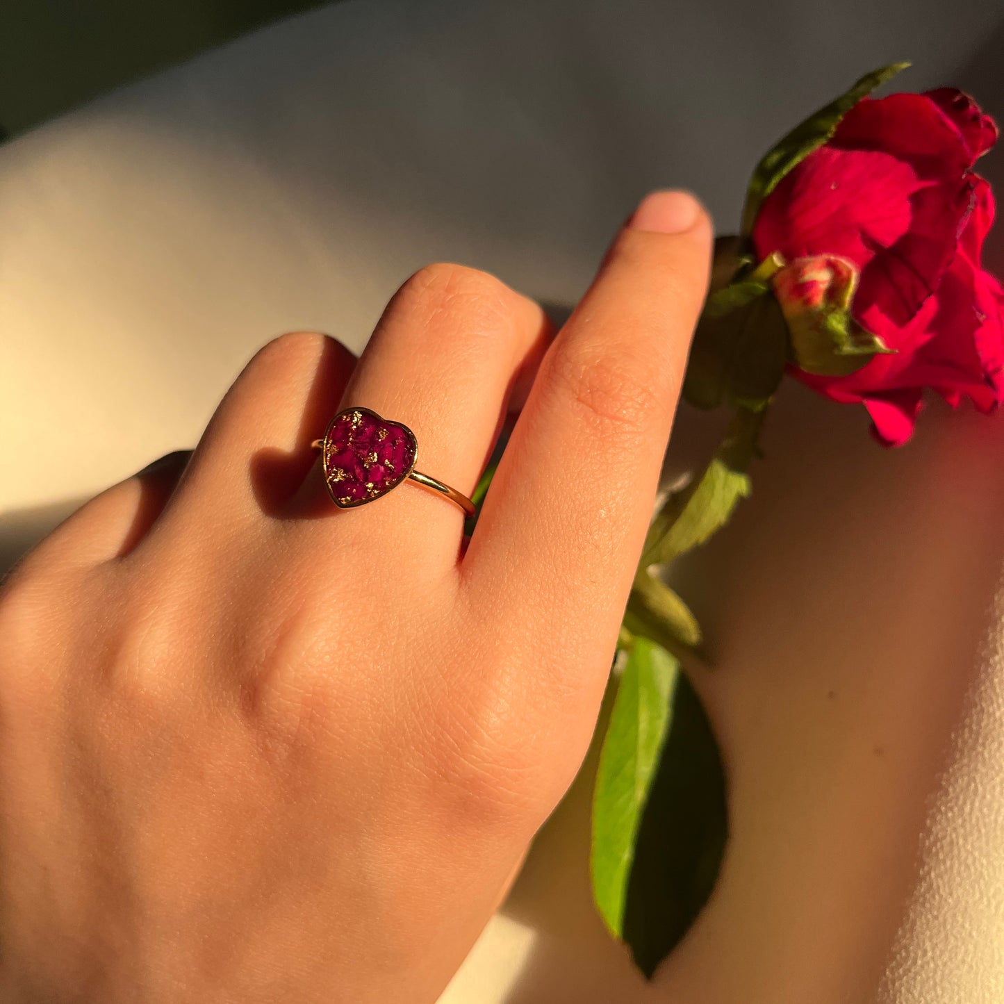 Real Rose Adjustable Stainless Steel Heart Ring - Customizable