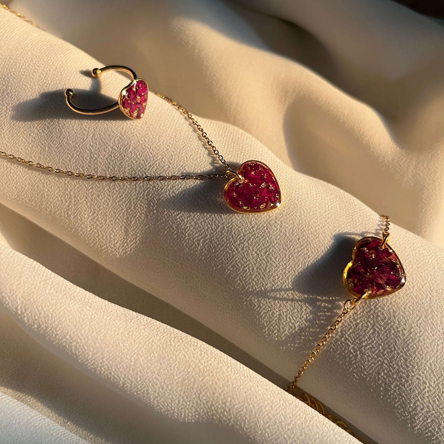 Real Rose Heart Jewelry Set – Pendant, Bracelet & Adjustable Ring | Anti-Tarnish Stainless Steel Gift for Her