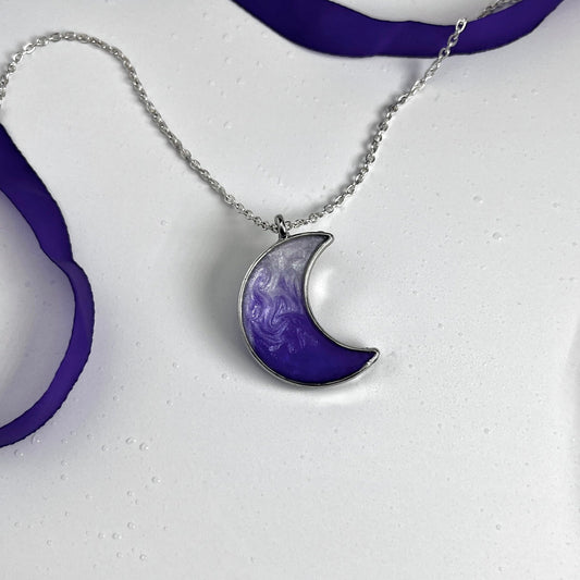 🌙 Purple Moon Crescent Resin Pendant Necklace | Handmade Jewelry