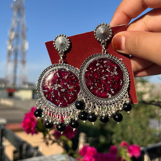 Rose silver round black beads jhumka