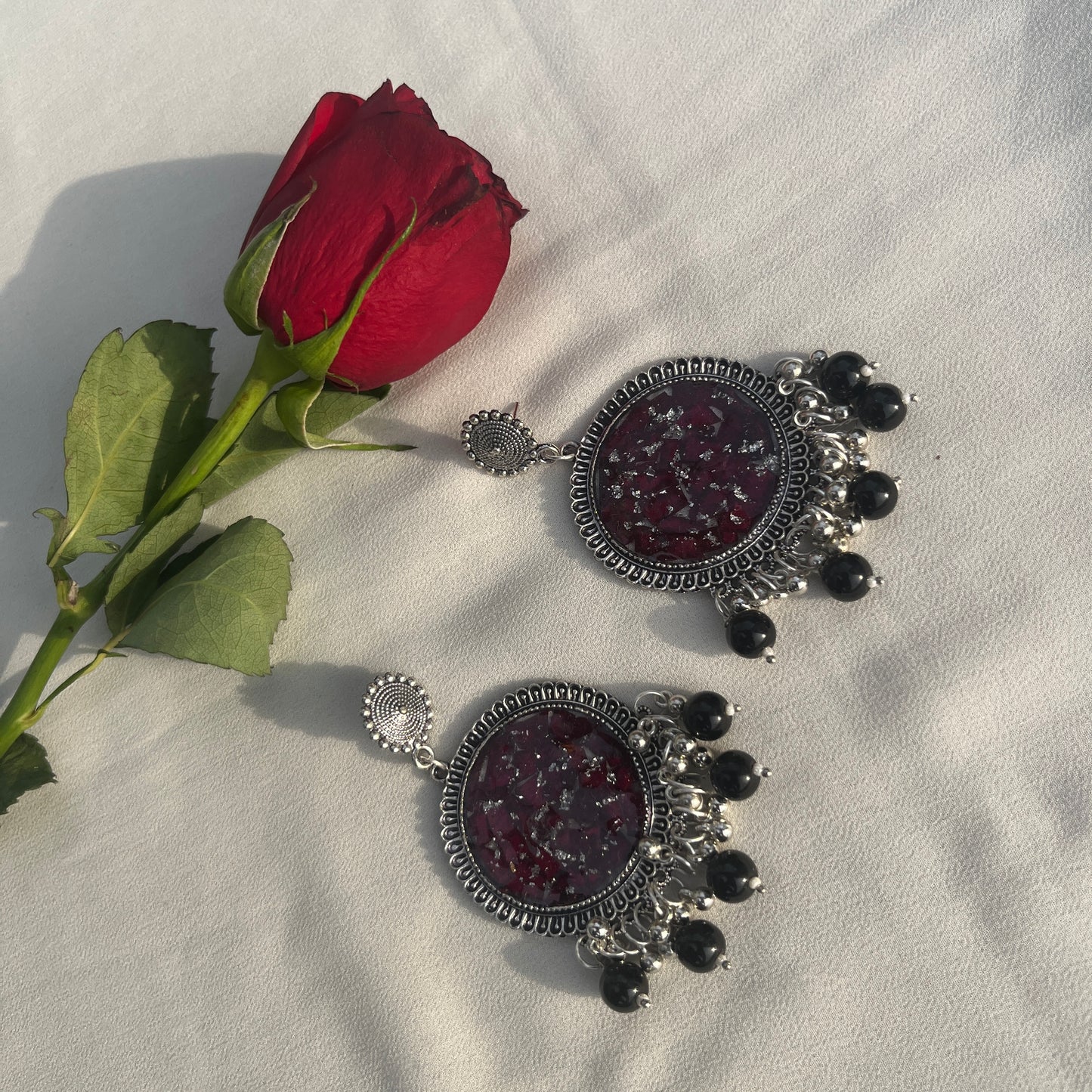 Rose silver round black beads jhumka